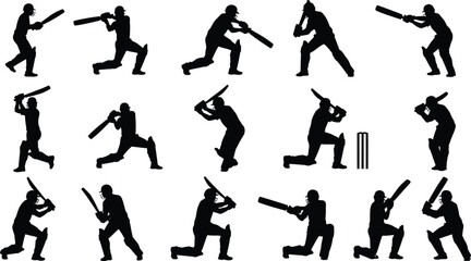 Black Silhouette Vector Illustration Set of Cricket Players, Showcasing Batsmen in Aggressive Hitting Poses and Fielders in Dynamic Catching and Wicket Action Movements