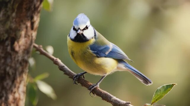 Blue Tit Perched on Branch: Nature's Colorful Beauty, Close-Up