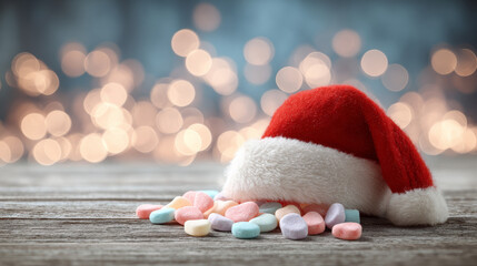 Santa Hat on Wooden Table with Scattered Pastel Candies and Soft Bokeh Lights, Cozy Holiday Christmas Scene, Festive Winter Atmosphere, Warm Seasonal Decoration Concept