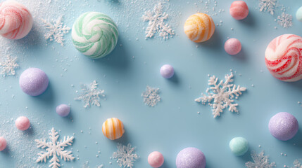 Matte pastel background with few candies and snowflake sprinkles, top-down composition. 