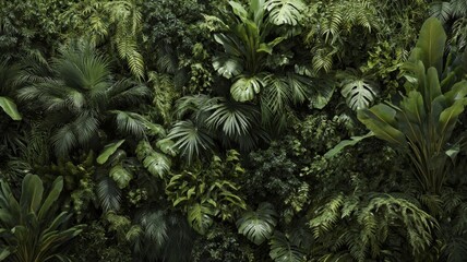 Lush green jungle foliage dense with vibrant flora. AI image