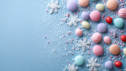 Matte pastel background with few candies and snowflake sprinkles, top-down composition. 