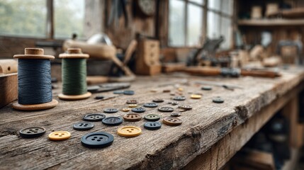 Vintage sewing workshop with colorful buttons scattered on rough wooden table beside large thread spools in sunlit rustic studio, cozy handmade tailoring concept