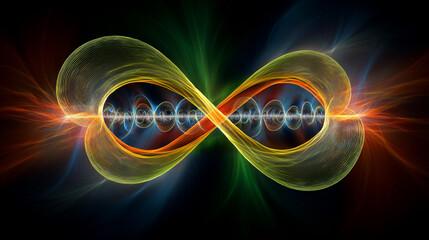 Vibrating superstring visualized as glowing elastic loop oscillating in multidimensional fractal space