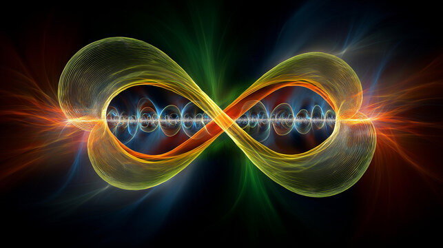 Vibrating superstring visualized as glowing elastic loop oscillating in multidimensional fractal space