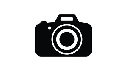 Black and white icon of a camera with a lens and flash
