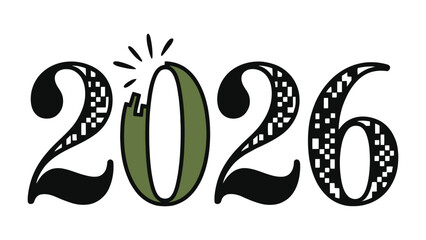 Year 2026 Typography: A unique digital illustration showcases the year 2026, where a numeral is symbolically cracking