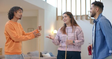Diverse friends launching strategy discussion, aligning cue and striking white ball on pool table