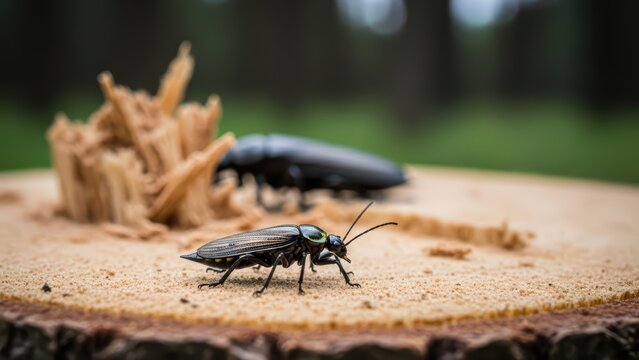 Close-up of darkling beetles on tree stump in forest setting