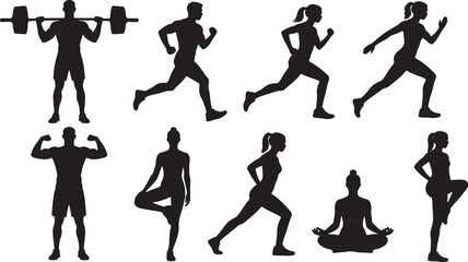 Fototapeta premium Bundle of Dynamic Fitness Silhouettes Featuring Workout, Running, Yoga, Aerobics, and Gym Exercise Poses