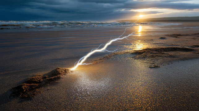 Lightning bolt striking sand forming glowing glassy fulgurite