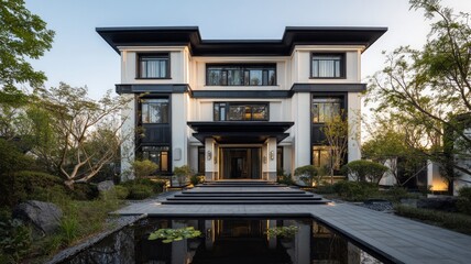 Elegant modern mansion amid lush greenery at dusk. AI image