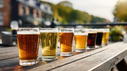 Row of chilled craft beer glasses on wooden outdoor table in sunlight with blurred riverside houses and trees behind. Relaxed outdoor craft beer tasting atmosphere