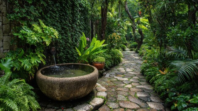 A pathway made of stones winds through lush green plants and trees. A round fountain sits on the side, with water flowing softly. This scene captures a vibrant garden