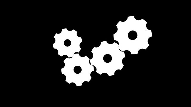 Spinning cogwheel gear icon animation on black background.