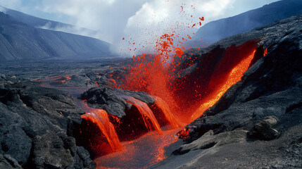 Gravity pulling molten lava streams into elongated shapes mid-air