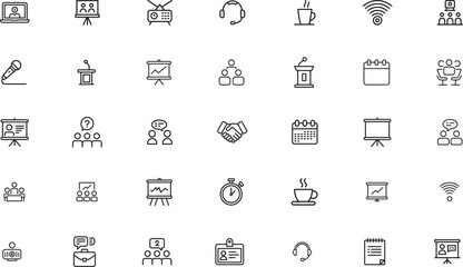 Conference line icons set. meeting, presentation, discussion. editable stroke. vector illustration
