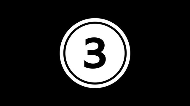 Three second countdown timer animation on black background, 1 to 3 seconds countdown timer with Alpha channel