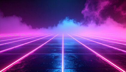 Vibrant neon grid lines on a dark floor with glowing pink and blue smoke creating a futuristic abstract background.