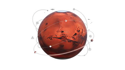 Mars Planet with Orbiting Satellites and Data Visualization on White