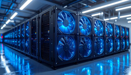 Rows of powerful computer servers with glowing blue fans in a modern data center.