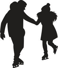 Silhouette of couples ice skating each with a unique pose and winter outfit.