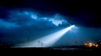 Light scattering through heavy fog, volumetric rays cutting the darkness
