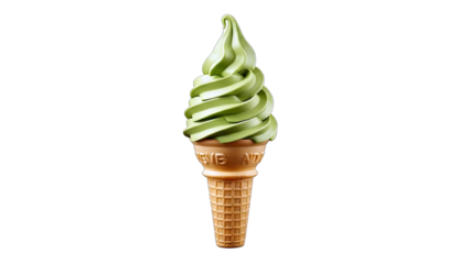 Matcha Soft Serve Ice Cream Cone on White
