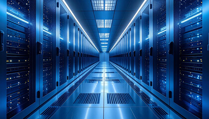 A long, futuristic blue-lit corridor in a modern data center with rows of server racks.