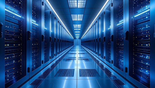 A long, futuristic blue-lit corridor in a modern data center with rows of server racks. - Powered by Adobe