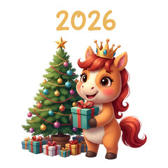 
A cute red horse character standing on its hind legs and holding a gift, next to a Christmas tree and gifts, with the inscription 2026 above it, isolated on a transparent background