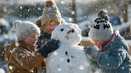 Children building a snowman under snowfall, joyful expressions, natural daylight 