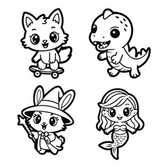 Cute Cartoon Animal and Fantasy Character Vector Set – Line Art Kawaii Fox, Dinosaur, Bunny Wizard and Mermaid.