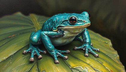 Turquoise frog on a leaf