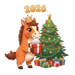 
A cute red horse character standing on its hind legs and holding a gift, next to a Christmas tree and gifts, with the inscription 2026 above it, isolated on a transparent background