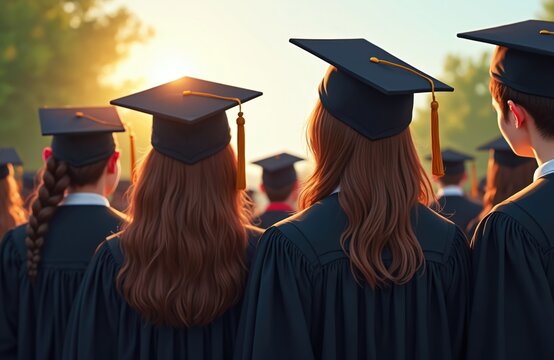 Illustration shows back view of diverse students in graduation gowns, caps. Graduates during convocation outdoor. Group of multiracial people celebrate, communicate, achieve, look to future in