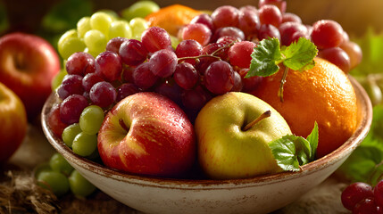 Rustic bowl filled with assorted fruits