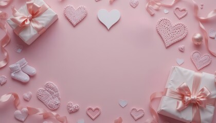 pink hearts and gifts on pink background. Soft pink backdrop with hearts and gift boxes, ideal for Valentine's Day or romantic occasions.