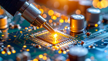 Close-up of a soldering iron tip working on a microchip on a green circuit board, with bright orange light and bokeh effects.