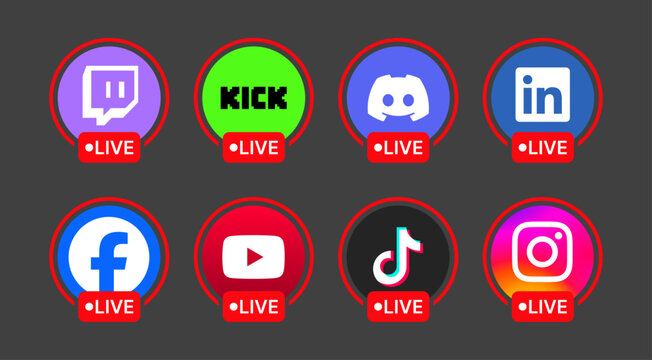 Twitch, Kick, Discord, LinkedIn, Facebook, YouTube, TikTok, and Instagram live streaming badge mockup template featuring social media LIVE icons, editable UI elements, and multi-platform streaming tem
