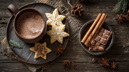 Christmas cookies, hot chocolate, cinnamon sticks on wooden table, top view, warm tones 