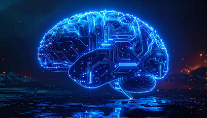 Glowing blue digital brain with intricate circuit patterns, representing artificial intelligence and advanced technology in a dark, futuristic setting.