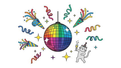 Joyful Party Theme: Celebrate the night away with an illustration of disco ball, cat, party, and festive party supplies, setting the scene for a night of revelry and excitement.
