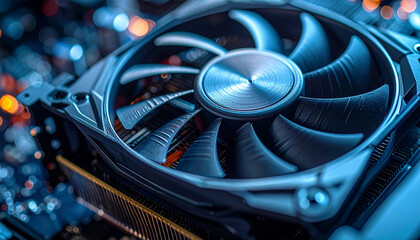 Close-up view of a computer graphics card cooling fan with blue LED lighting.