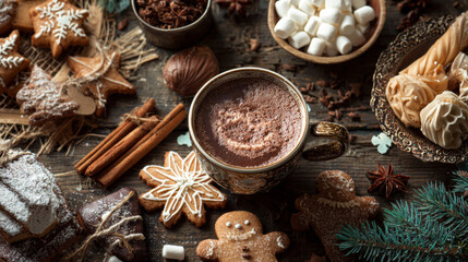 Christmas cookies, hot chocolate, cinnamon sticks on wooden table, top view, warm tones 
