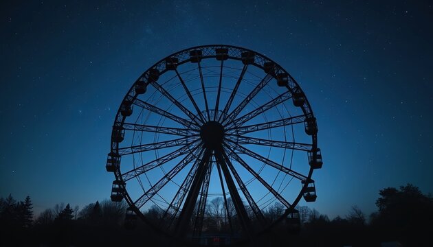 Large Ferris wheel stands as dark silhouette against beautiful starry blue night sky. Tall trees below big amusement ride structure. Iconic wheel creates calm evening scene. Visitors enjoy panoramic