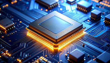Close-up view of a complex computer microchip with glowing orange circuits on a blue motherboard.