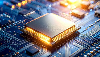 Close-up view of a golden computer microchip processor with intricate circuitry on a blue motherboard, illuminated by warm light.