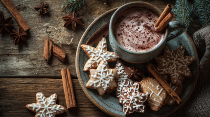 Christmas cookies, hot chocolate, cinnamon sticks on wooden table, top view, warm tones 