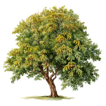 Walnut Tree in watercolor style, vector illustration, isolated on white background.